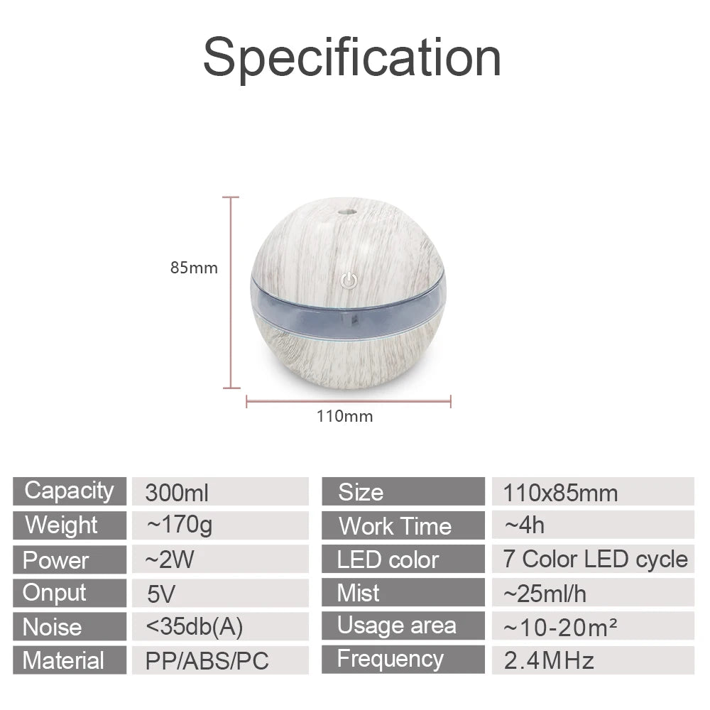 300ml Ultrasonic Humidifier cool mist maker with Timer and Auto Shut-Off essential oil Diffuser Ideal for Home Office