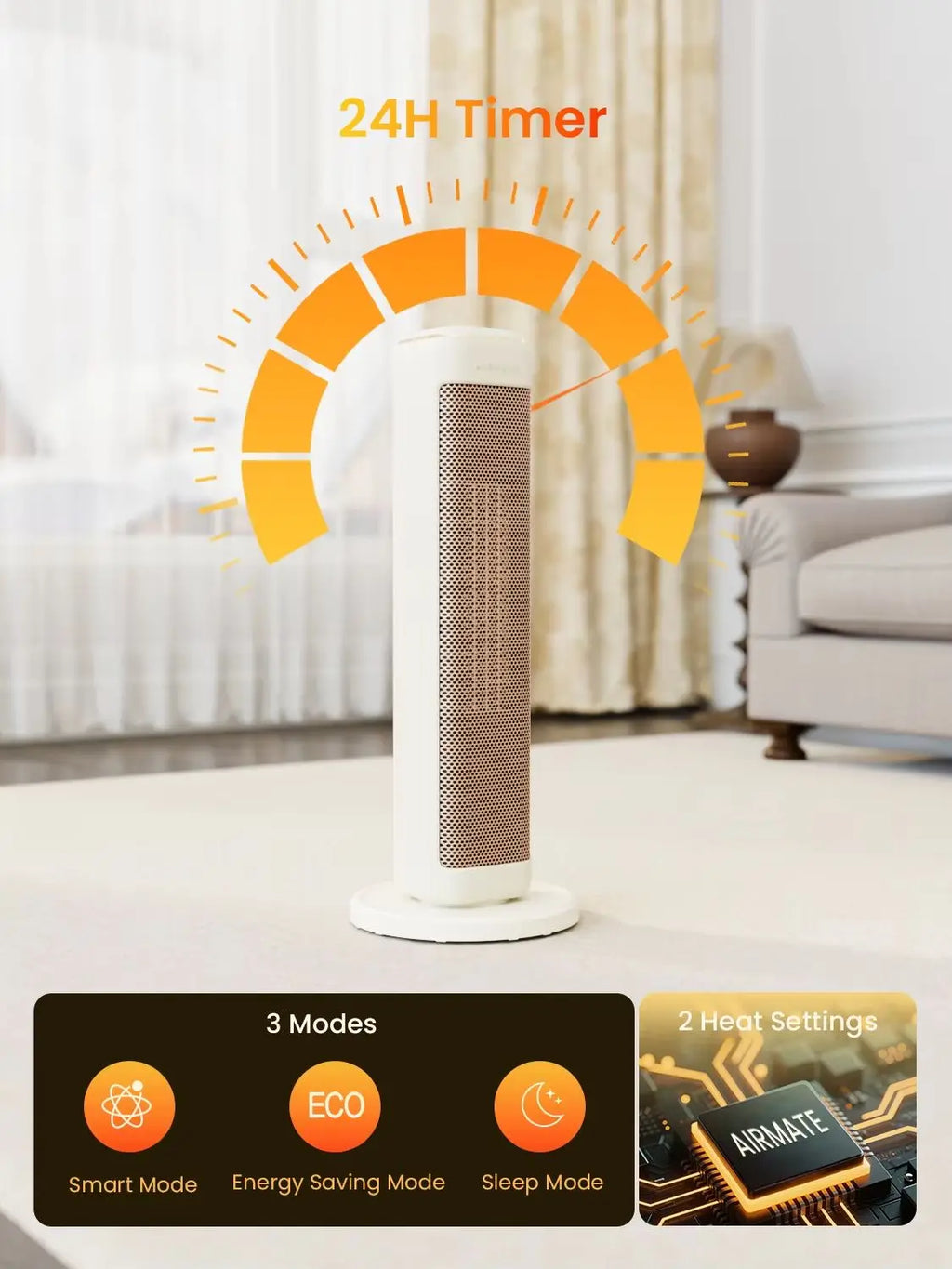 25" Space Heater for Indoor Use Large Room, Ceramic Tower Electric Heater with Thermostat, Oscillating Room Heater with Timer