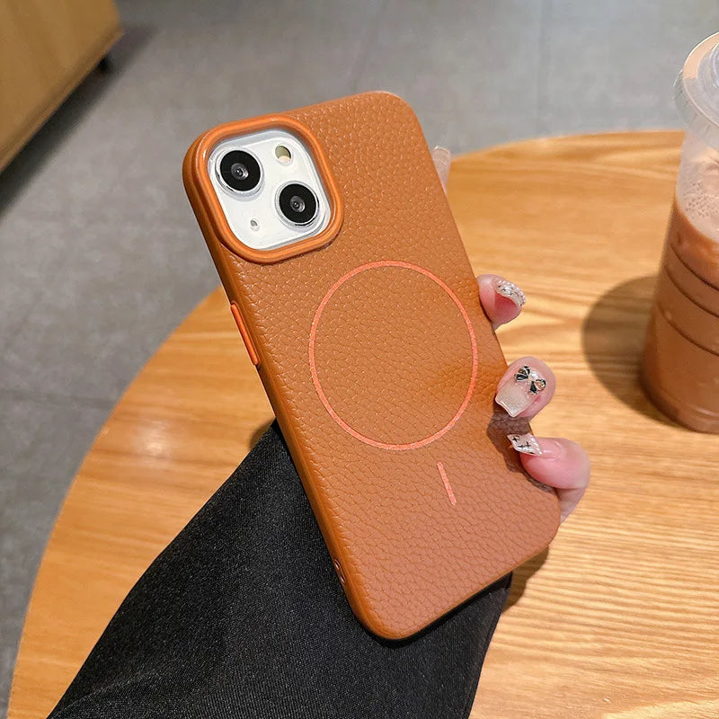 High Quality Skin Induction Reactance Fingerprint for 16Promax Phone Case New Magnetic Litchi Pattern Imitation Leather IP