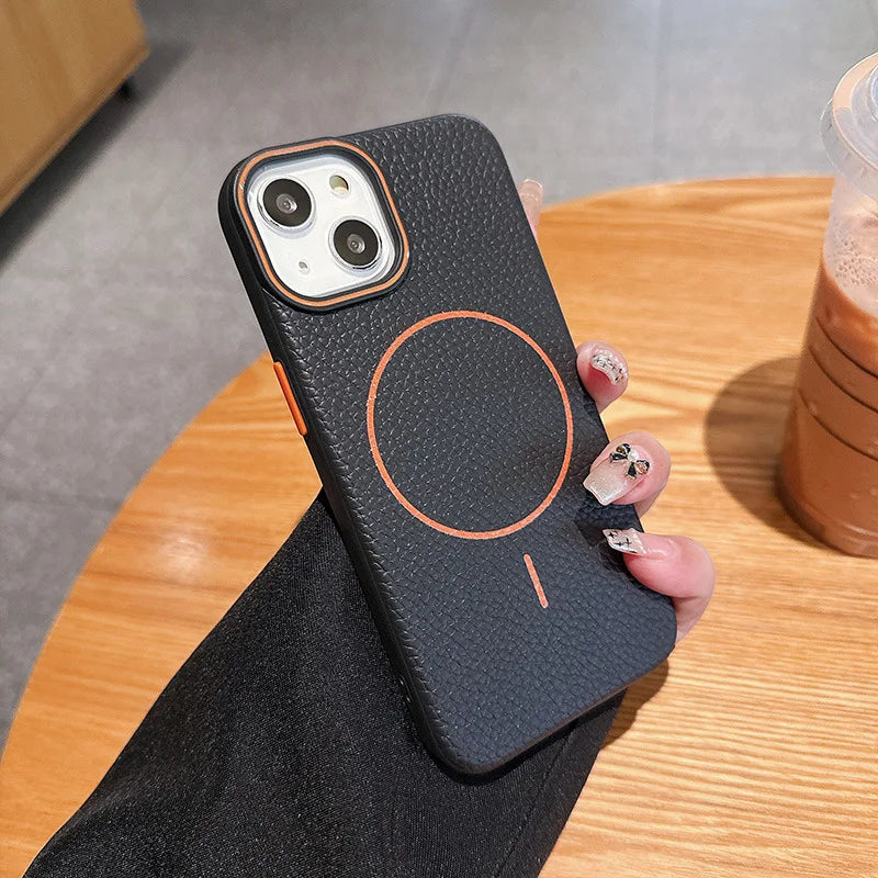 High Quality Skin Induction Reactance Fingerprint for 16Promax Phone Case New Magnetic Litchi Pattern Imitation Leather IP