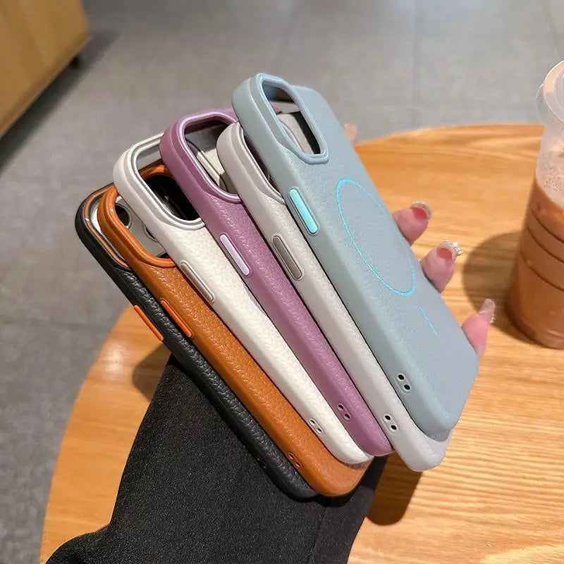 High Quality Skin Induction Reactance Fingerprint for 16Promax Phone Case New Magnetic Litchi Pattern Imitation Leather IP