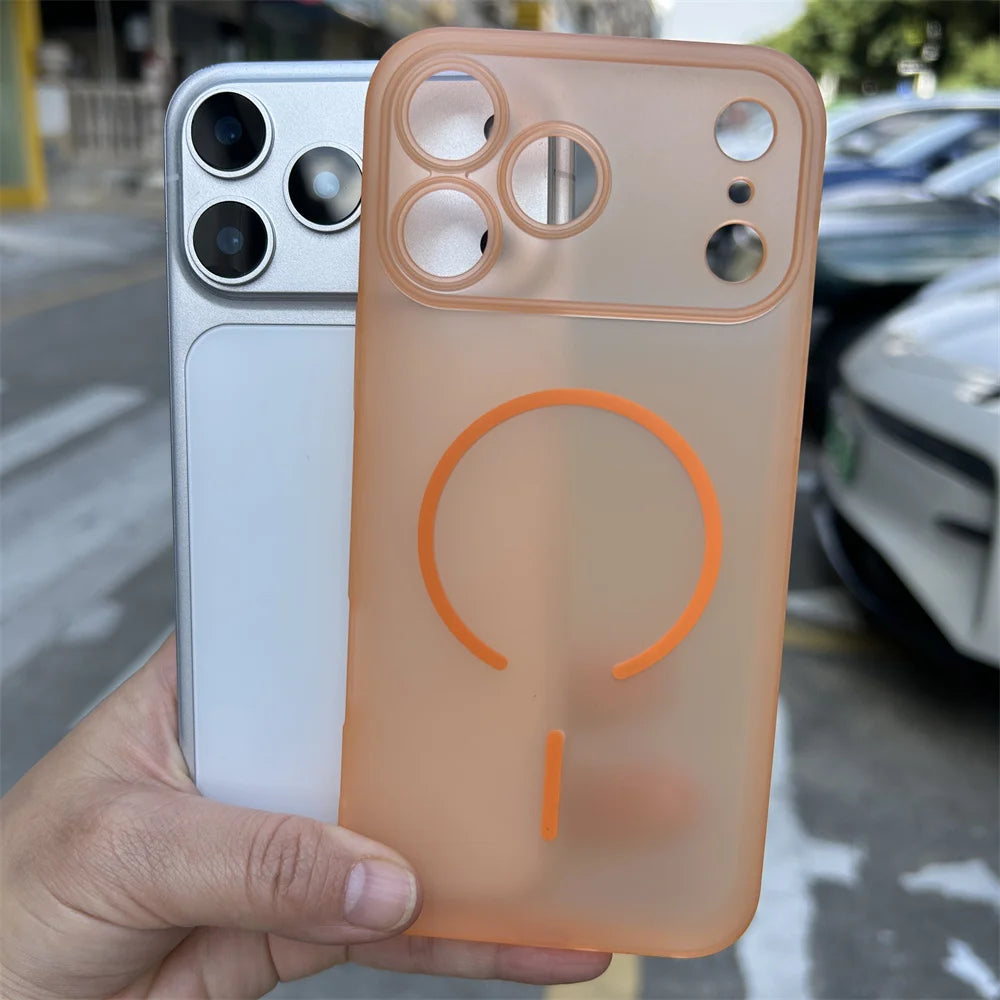 For 17 Pro Max TPU Skin Texture Matte Soft Shockproof Case with Magnetic Ring Holder in Orange Frosted Design