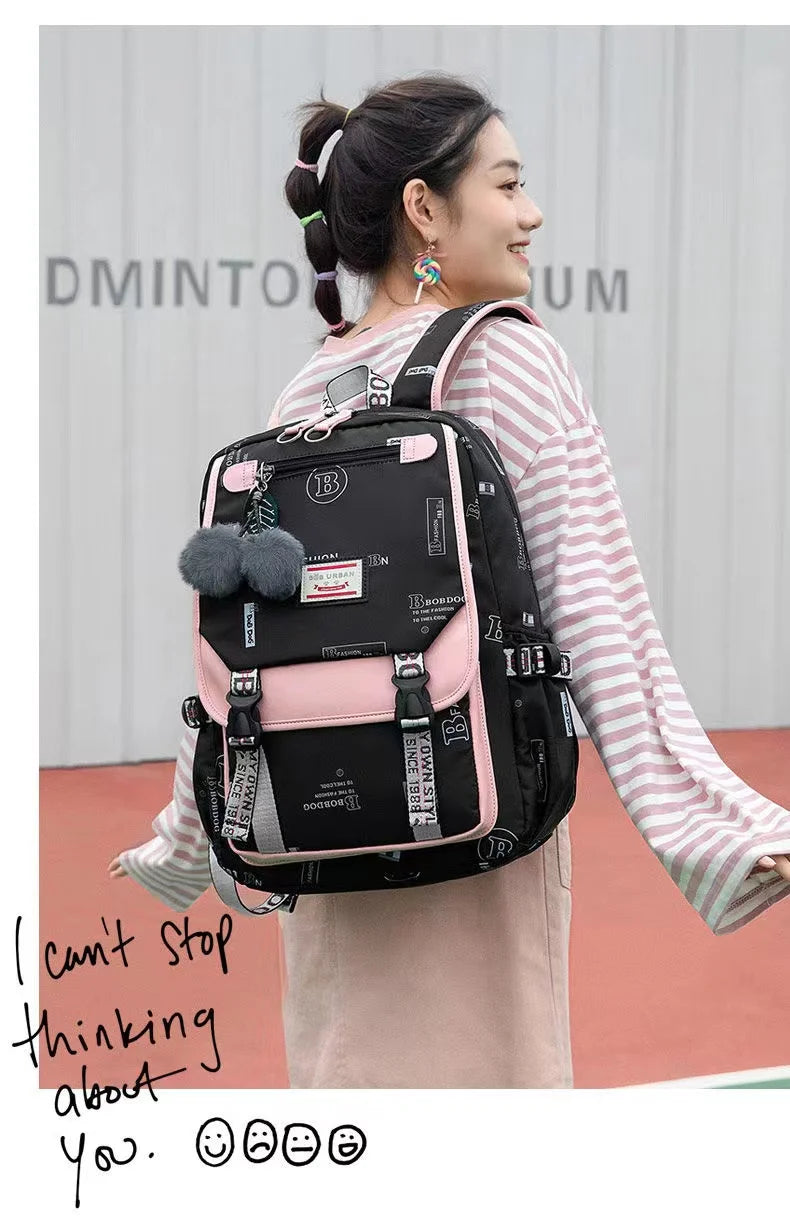 Fengdong large school bags for teenage girls USB port canvas schoolbag student book bag fashion black pink teen school backpack