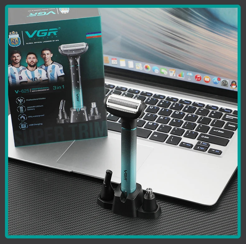 VGR 625 3in-1 Men's Personal Hair Trimming Set Rechargeable Professional Foil Shaver Portable Nose Hair Ear Hair Eyebrow Trimmer