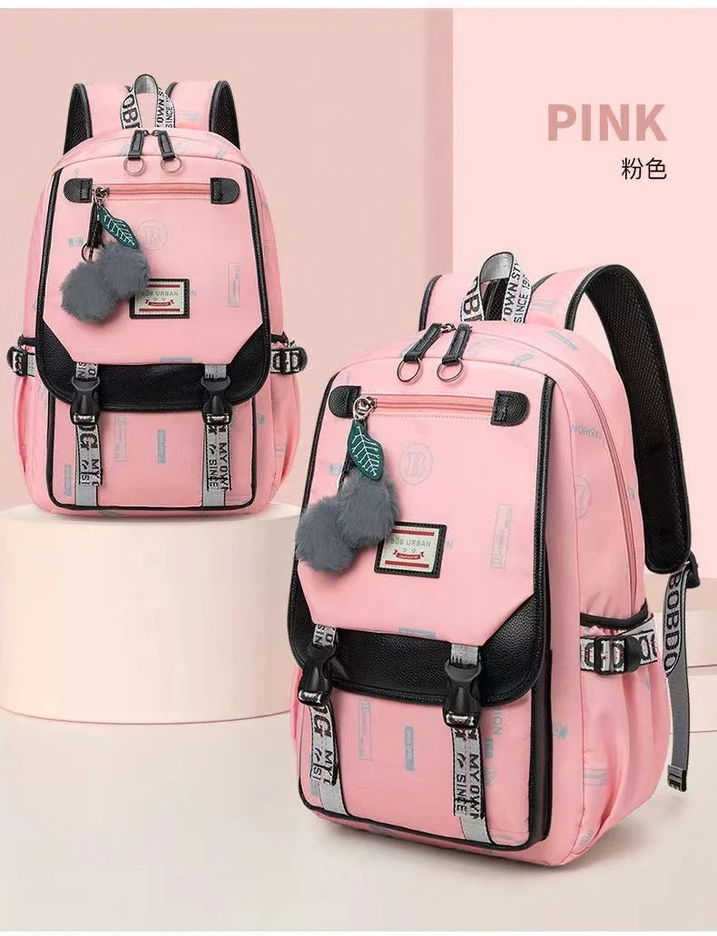 Fengdong large school bags for teenage girls USB port canvas schoolbag student book bag fashion black pink teen school backpack