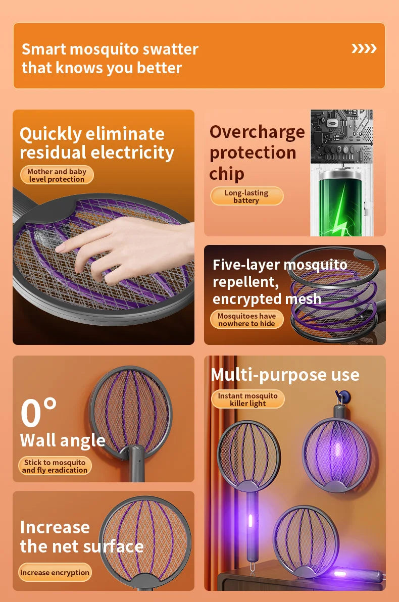 Foldable Electric Mosquito Swatter 3-in-1 Electric Mosquito Killer Rechargeable Wall-Mounted Mosquito Swatter Anti-mosquito Lamp
