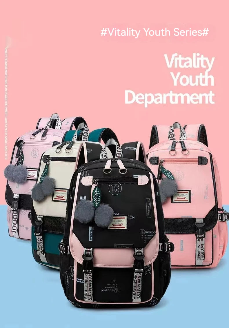 Fengdong large school bags for teenage girls USB port canvas schoolbag student book bag fashion black pink teen school backpack