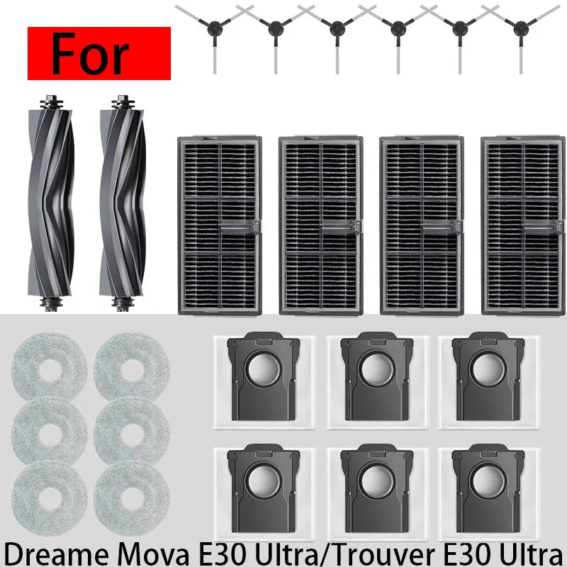 for Dreame Mova E30 Ultra/Trouver E30 Ultra vacuum cleaner replacement parts, the main brush side brush cloth dust bag filter