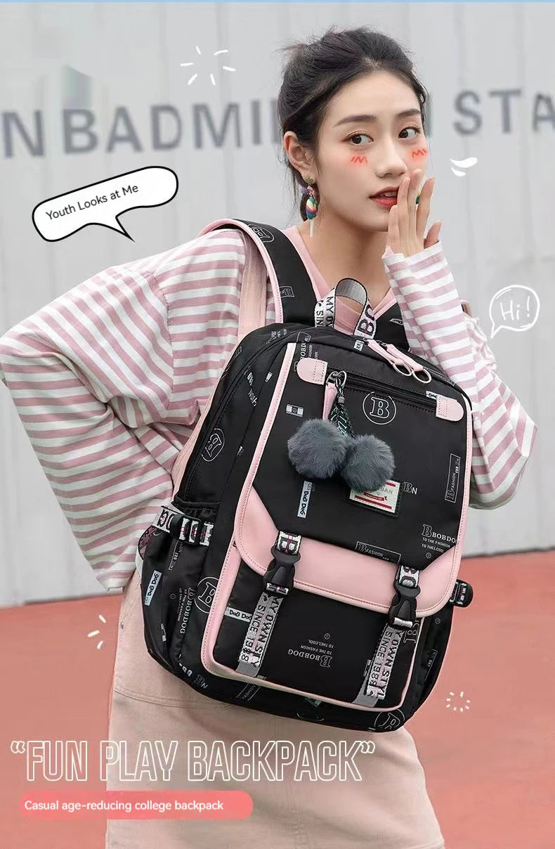 Fengdong large school bags for teenage girls USB port canvas schoolbag student book bag fashion black pink teen school backpack