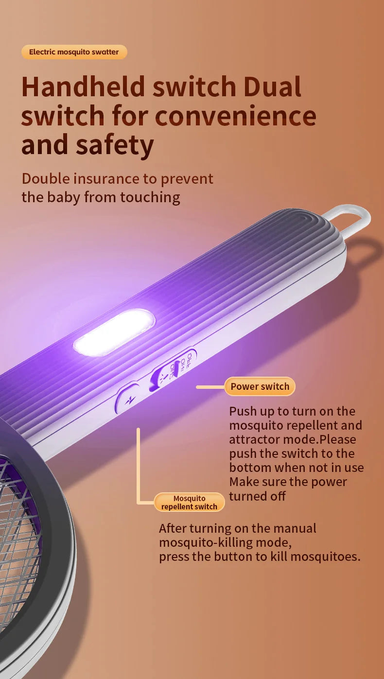 Foldable Electric Mosquito Swatter 3-in-1 Electric Mosquito Killer Rechargeable Wall-Mounted Mosquito Swatter Anti-mosquito Lamp