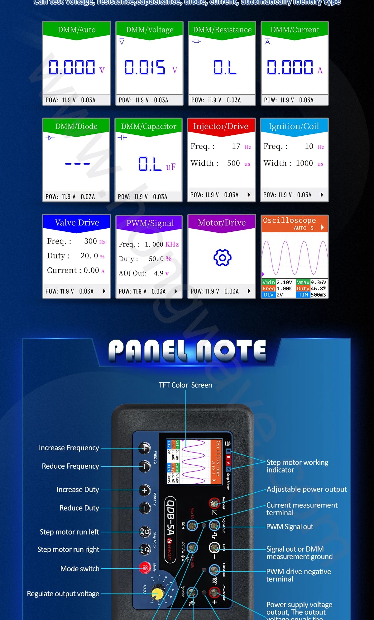QDB 3A 4A QDB-5A Automotive Actuator Tester Oscilloscope Multimeter PWM Signal Generator Stepper Motor Driver Ignition Coil Tool