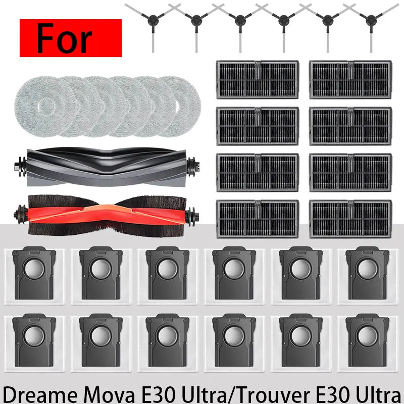 for Dreame Mova E30 Ultra/Trouver E30 Ultra vacuum cleaner replacement parts, the main brush side brush cloth dust bag filter