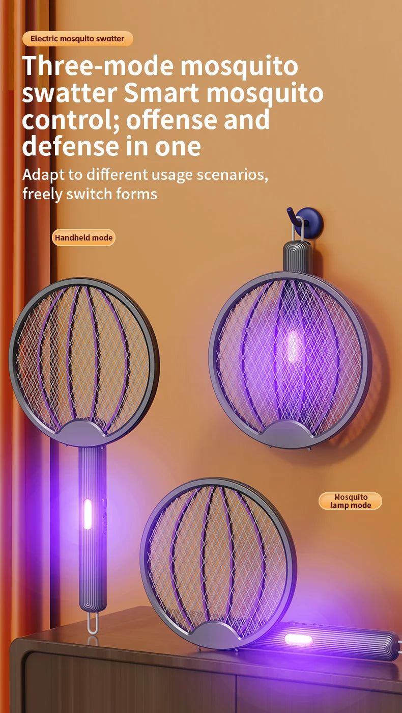 Foldable Electric Mosquito Swatter 3-in-1 Electric Mosquito Killer Rechargeable Wall-Mounted Mosquito Swatter Anti-mosquito Lamp