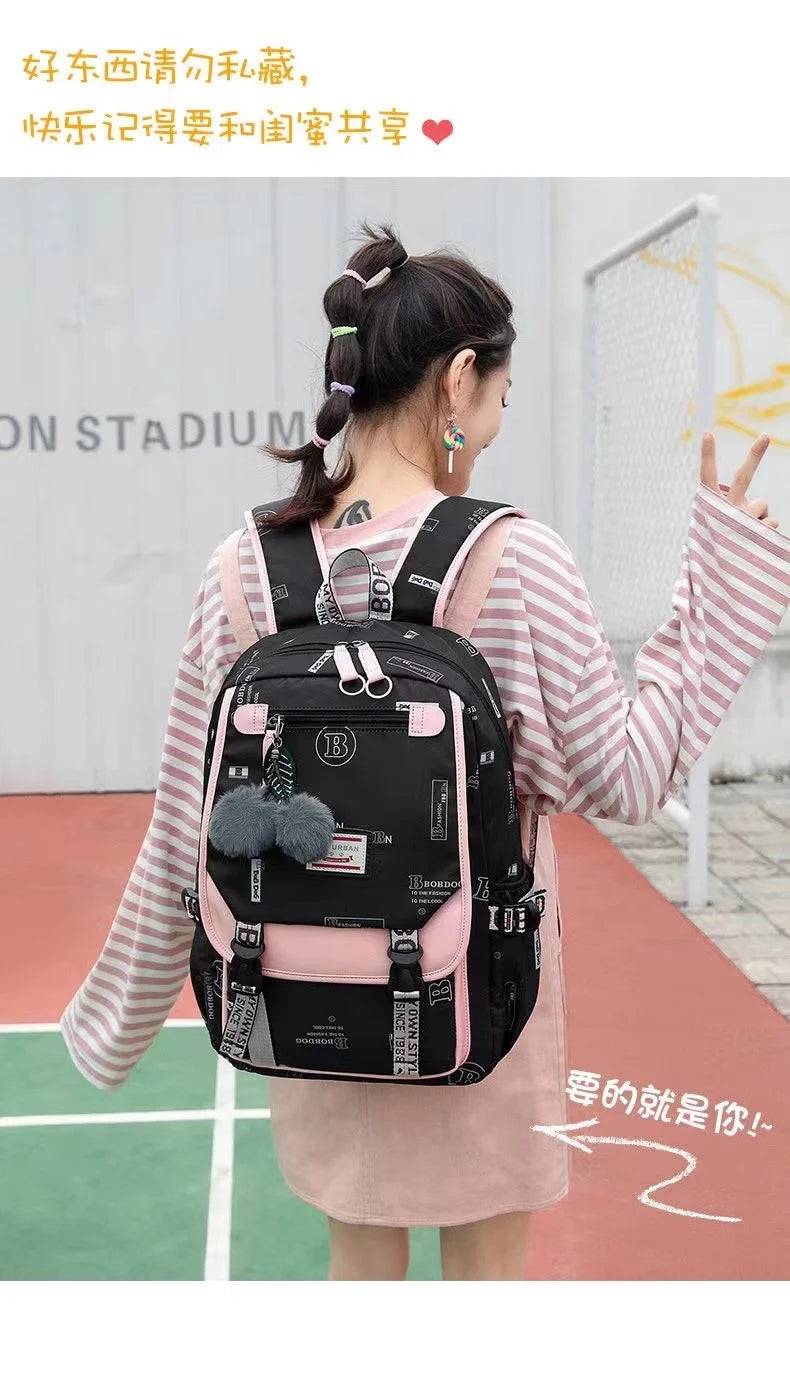 Fengdong large school bags for teenage girls USB port canvas schoolbag student book bag fashion black pink teen school backpack