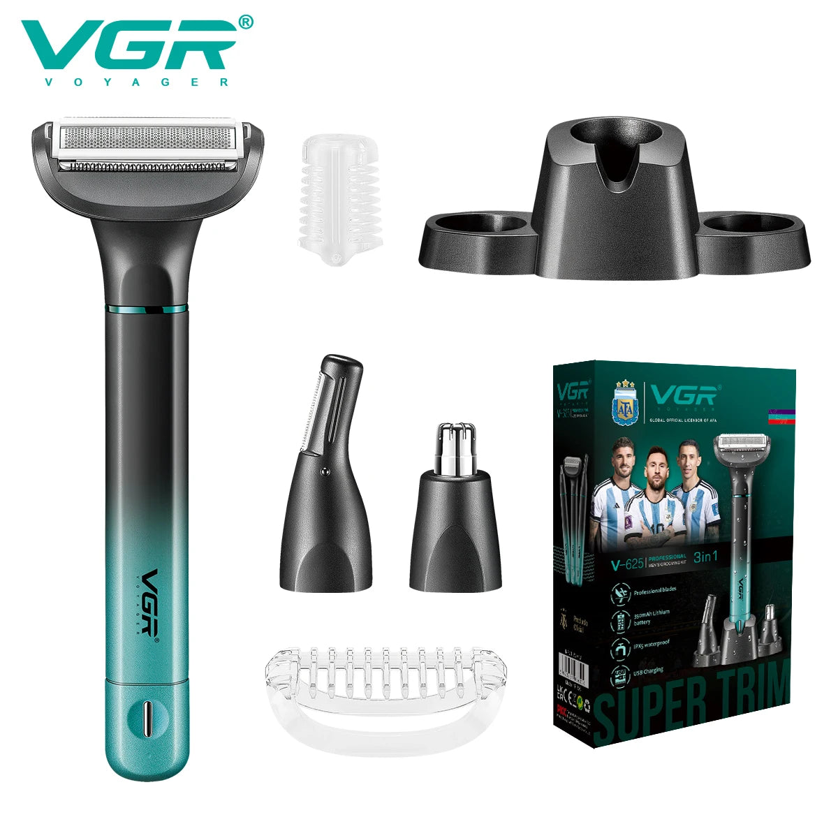 VGR 625 3in-1 Men's Personal Hair Trimming Set Rechargeable Professional Foil Shaver Portable Nose Hair Ear Hair Eyebrow Trimmer