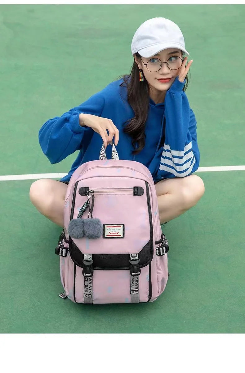 Fengdong large school bags for teenage girls USB port canvas schoolbag student book bag fashion black pink teen school backpack
