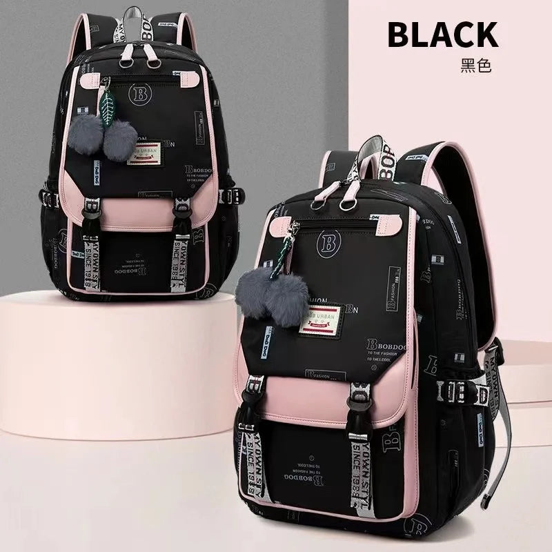 Fengdong large school bags for teenage girls USB port canvas schoolbag student book bag fashion black pink teen school backpack