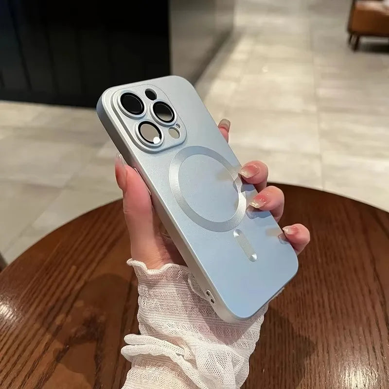 Magnetic Luxury Matte Magsafe Wireless Charging Case For iPhone 16e 15 14 13 11 12 17 Pro Max Glass Lens Protection Soft Cover