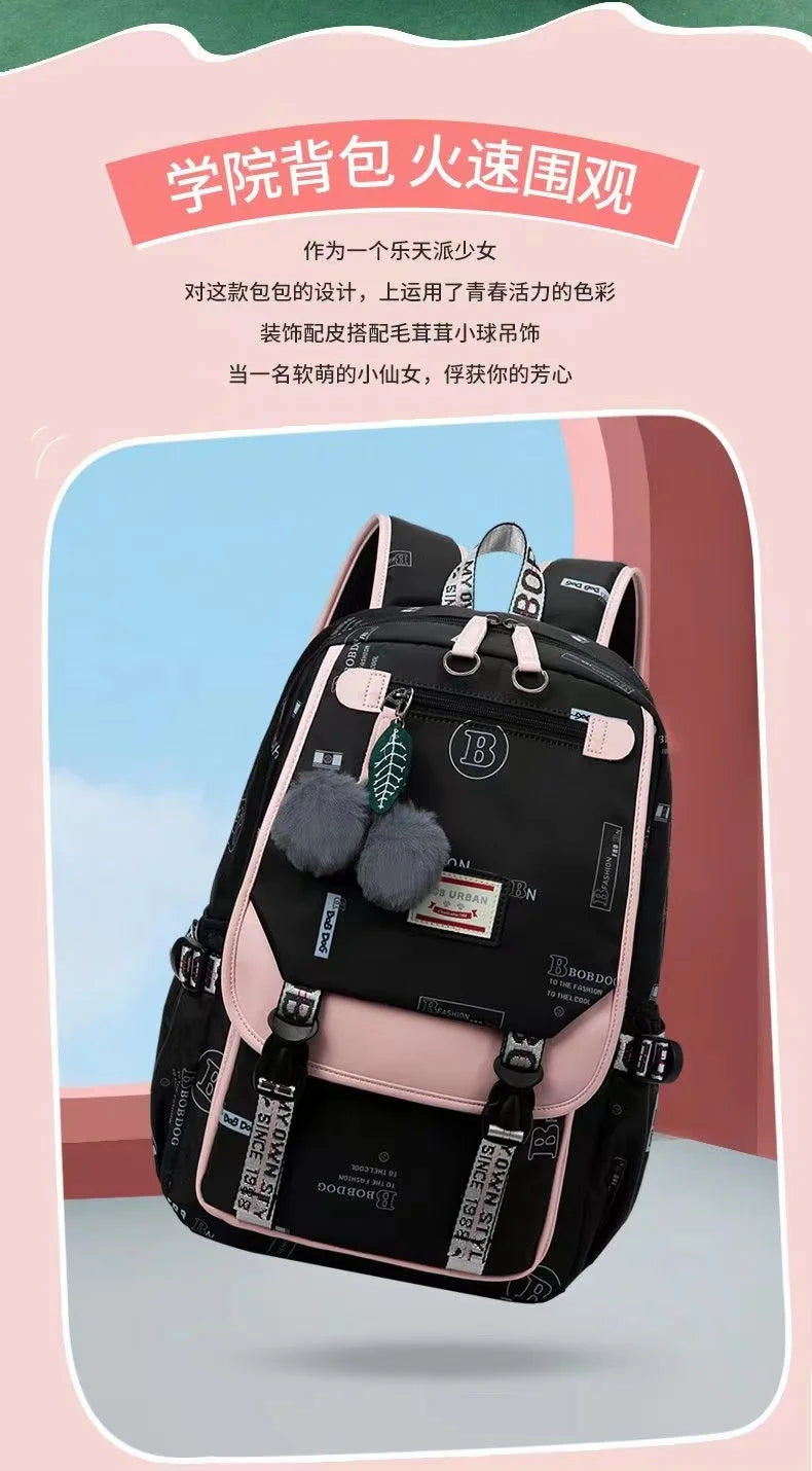 Fengdong large school bags for teenage girls USB port canvas schoolbag student book bag fashion black pink teen school backpack
