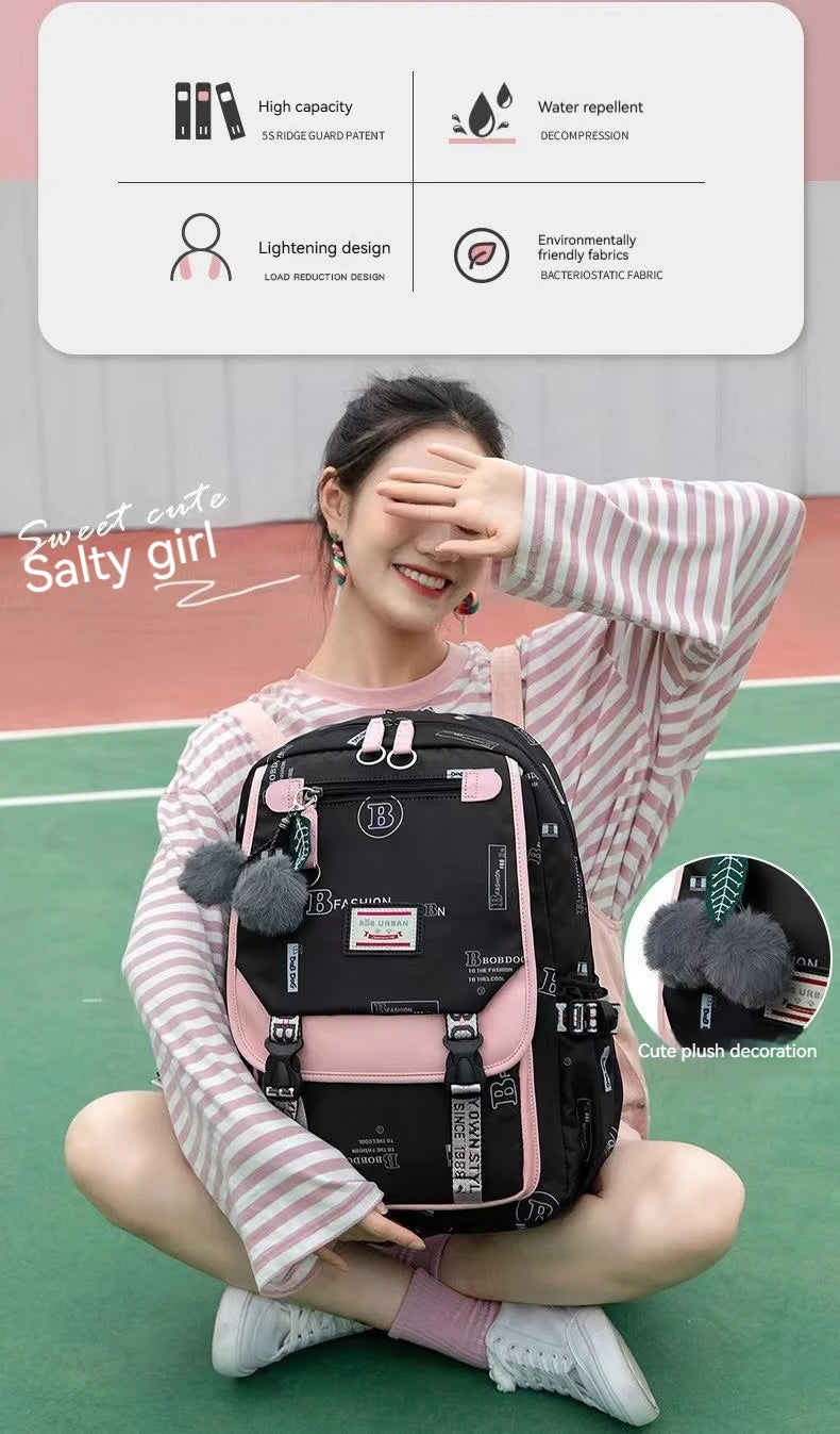 Fengdong large school bags for teenage girls USB port canvas schoolbag student book bag fashion black pink teen school backpack