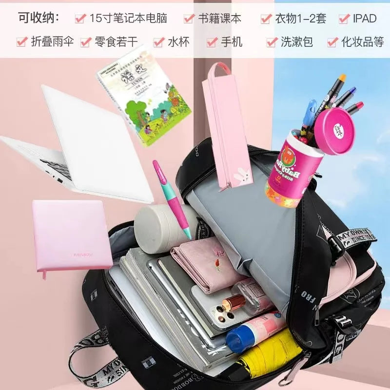 Fengdong large school bags for teenage girls USB port canvas schoolbag student book bag fashion black pink teen school backpack