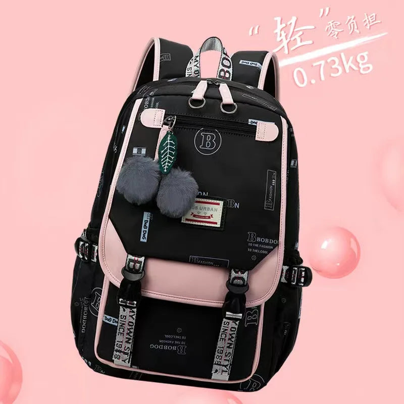 Fengdong large school bags for teenage girls USB port canvas schoolbag student book bag fashion black pink teen school backpack