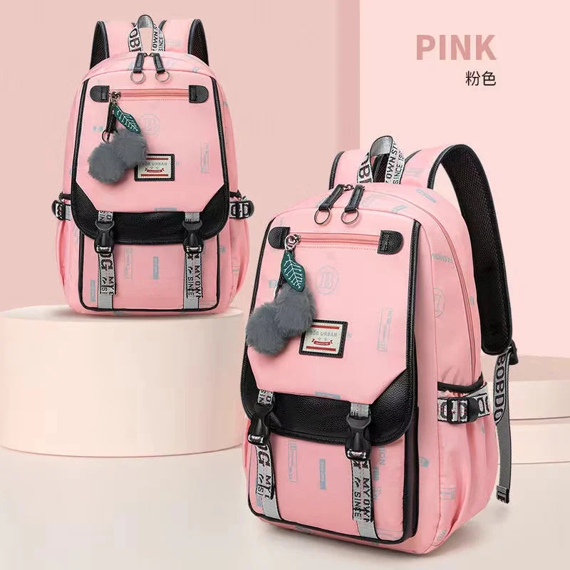 Fengdong large school bags for teenage girls USB port canvas schoolbag student book bag fashion black pink teen school backpack