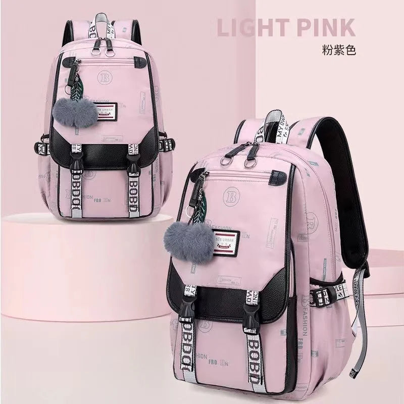 Fengdong large school bags for teenage girls USB port canvas schoolbag student book bag fashion black pink teen school backpack
