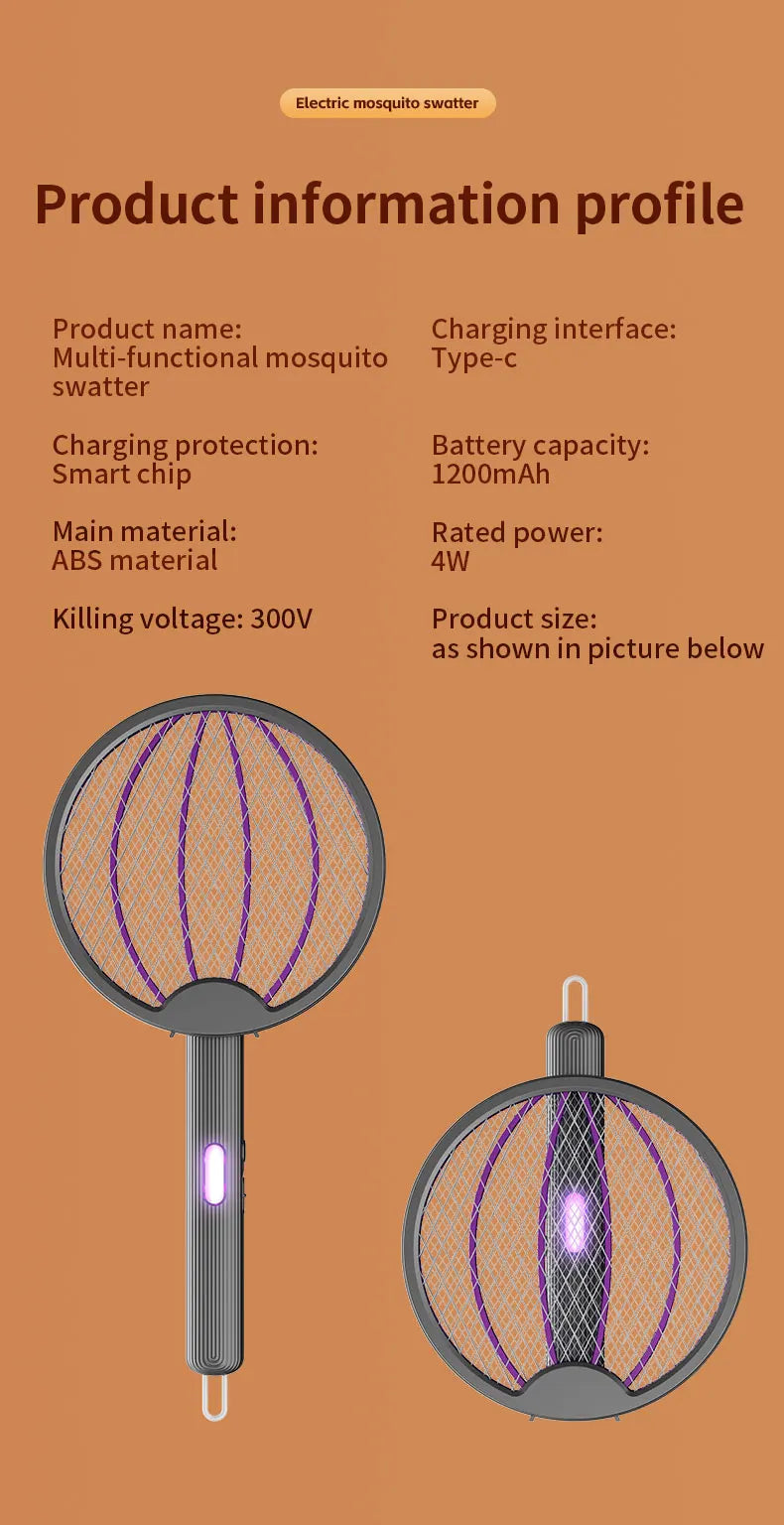 Foldable Electric Mosquito Swatter 3-in-1 Electric Mosquito Killer Rechargeable Wall-Mounted Mosquito Swatter Anti-mosquito Lamp