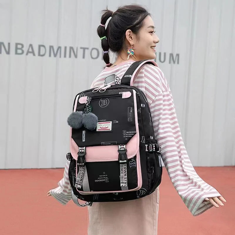Fengdong large school bags for teenage girls USB port canvas schoolbag student book bag fashion black pink teen school backpack