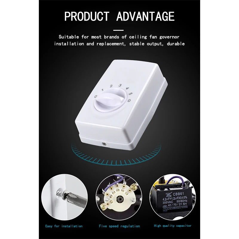 General Ceiling Fan Speed Regulator Speed Controller Electric Fan Panel Switch Five Gears Adjustable No Welding Required Install