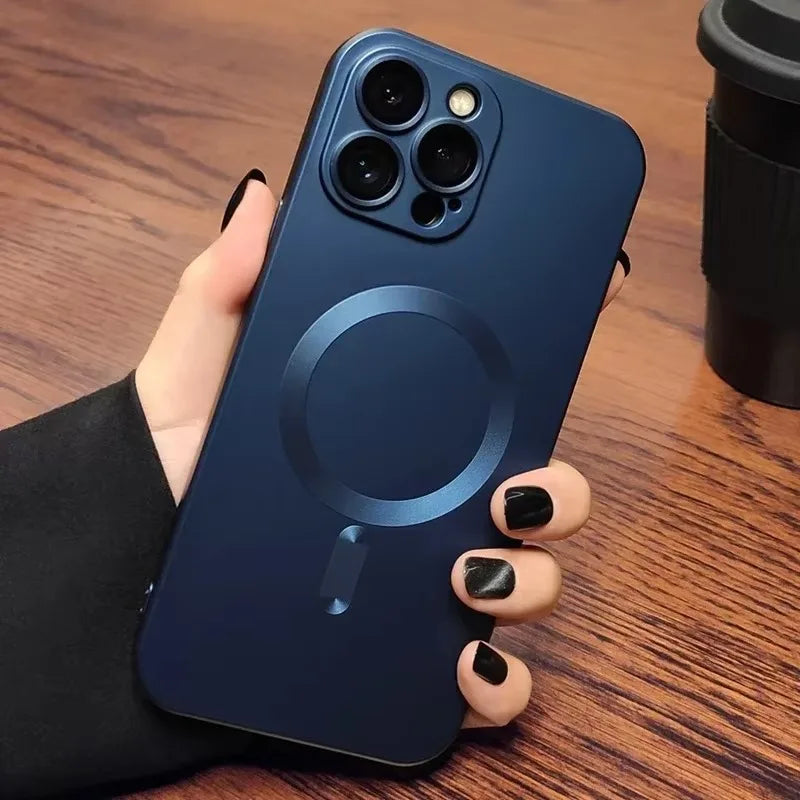 Magnetic Luxury Matte Magsafe Wireless Charging Case For iPhone 16e 15 14 13 11 12 17 Pro Max Glass Lens Protection Soft Cover