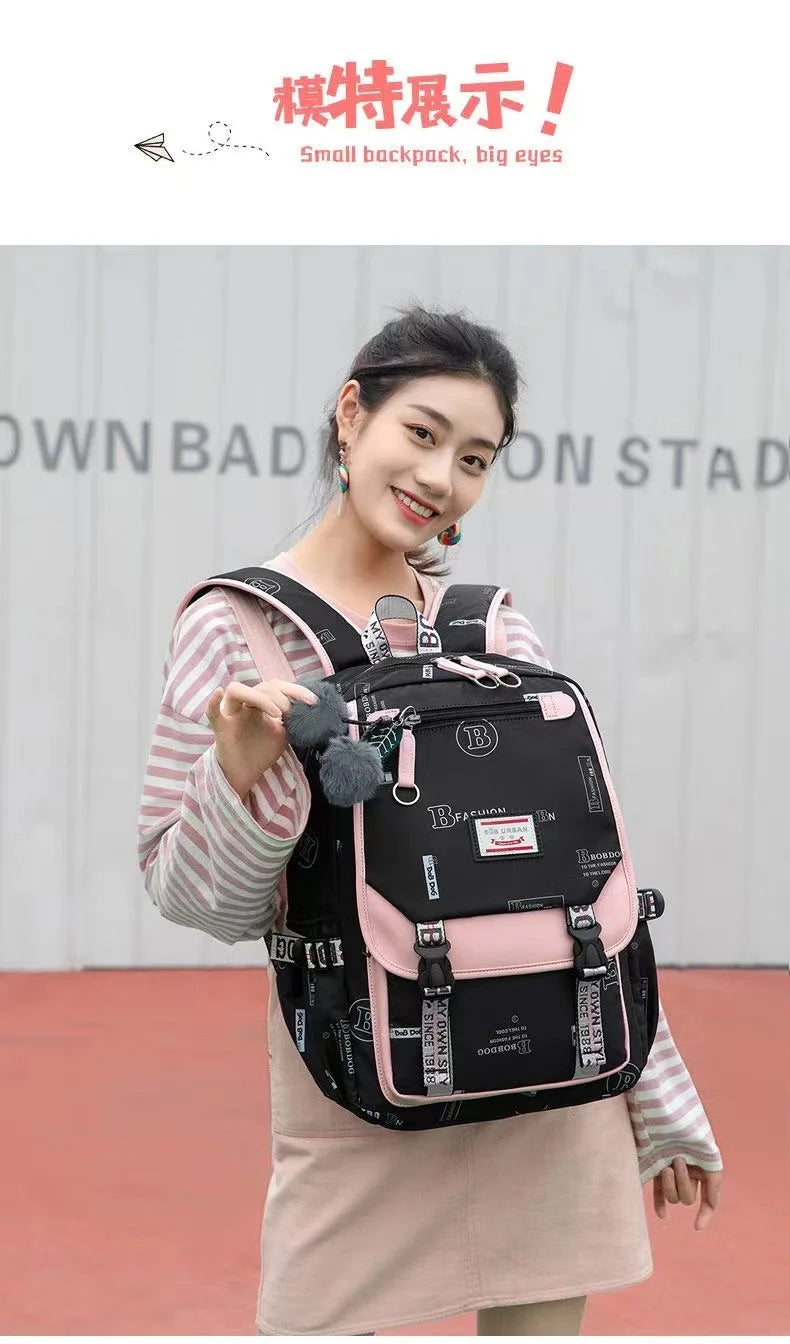 Fengdong large school bags for teenage girls USB port canvas schoolbag student book bag fashion black pink teen school backpack