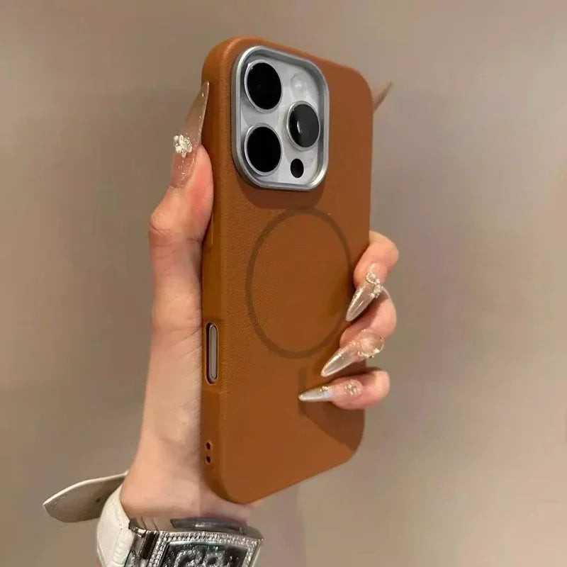 Luxury MagSafe wireless charging leather texture phone case for iPhone 16 12 13 14 15 16 Pro Max Plus magnetic shell protector