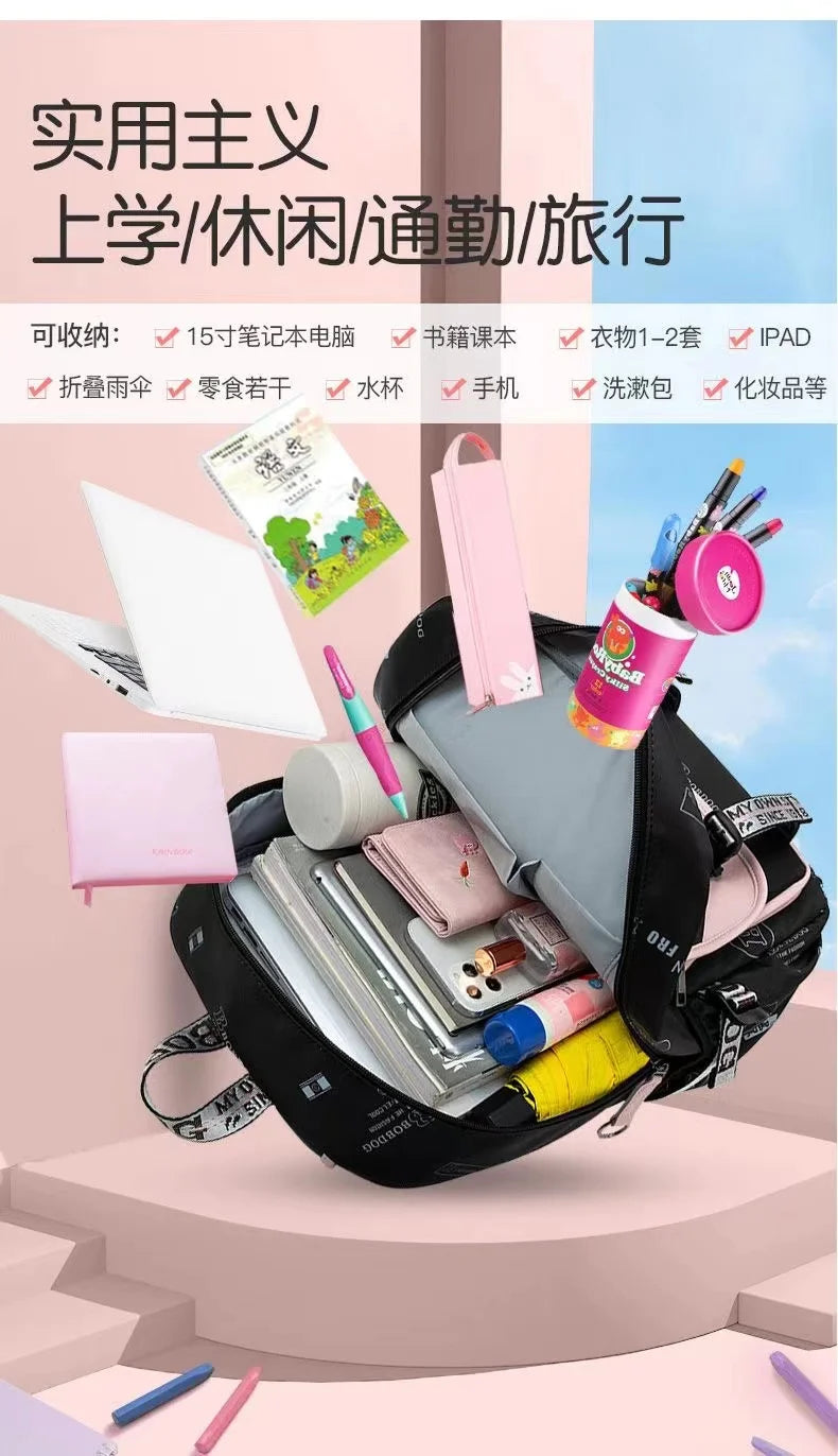 Fengdong large school bags for teenage girls USB port canvas schoolbag student book bag fashion black pink teen school backpack