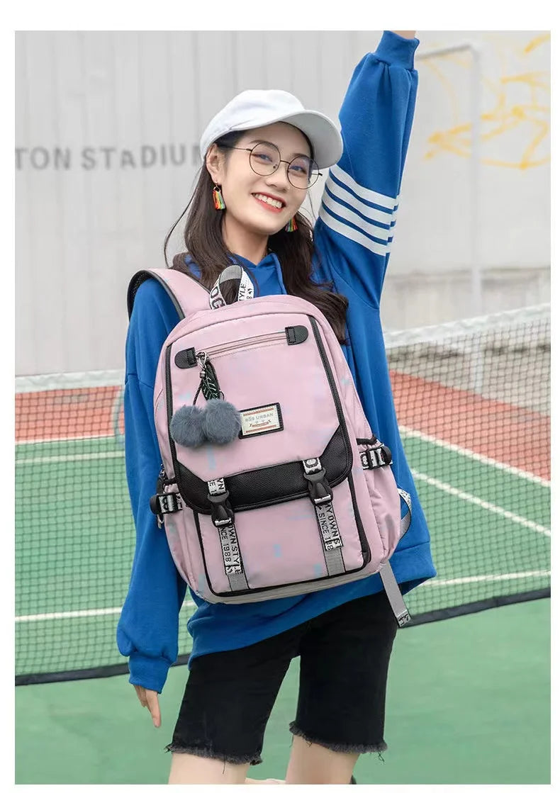 Fengdong large school bags for teenage girls USB port canvas schoolbag student book bag fashion black pink teen school backpack