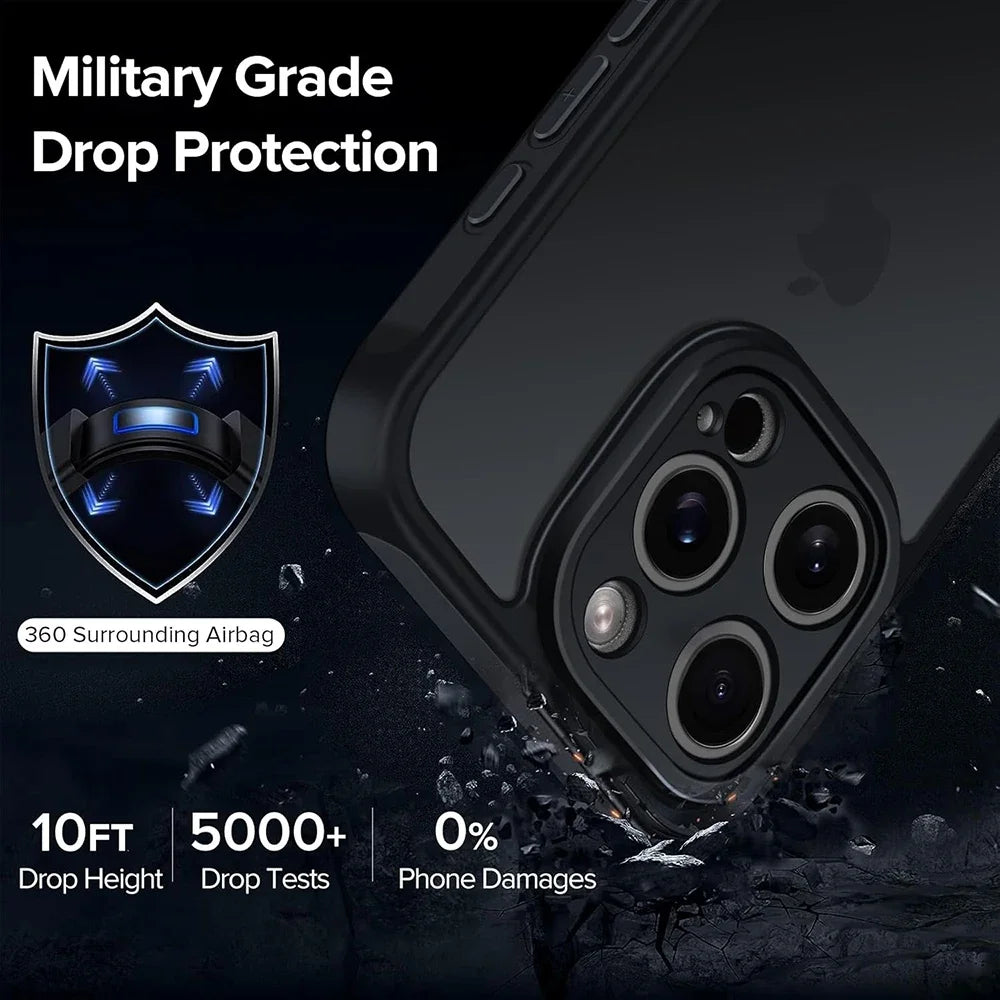 Hybrid Military Grade Shockproof Case For iPhone 17 Air 16 15 14 13 12 11 Pro Max Plus Matte Translucent Black Soft Hard Cover
