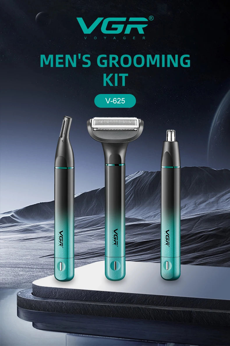 VGR 625 3in-1 Men's Personal Hair Trimming Set Rechargeable Professional Foil Shaver Portable Nose Hair Ear Hair Eyebrow Trimmer